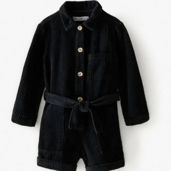 Zara Kid's Black Corduroy Collared Button Up Long Sleeve Romper Size 6 - Picture 1 of 6